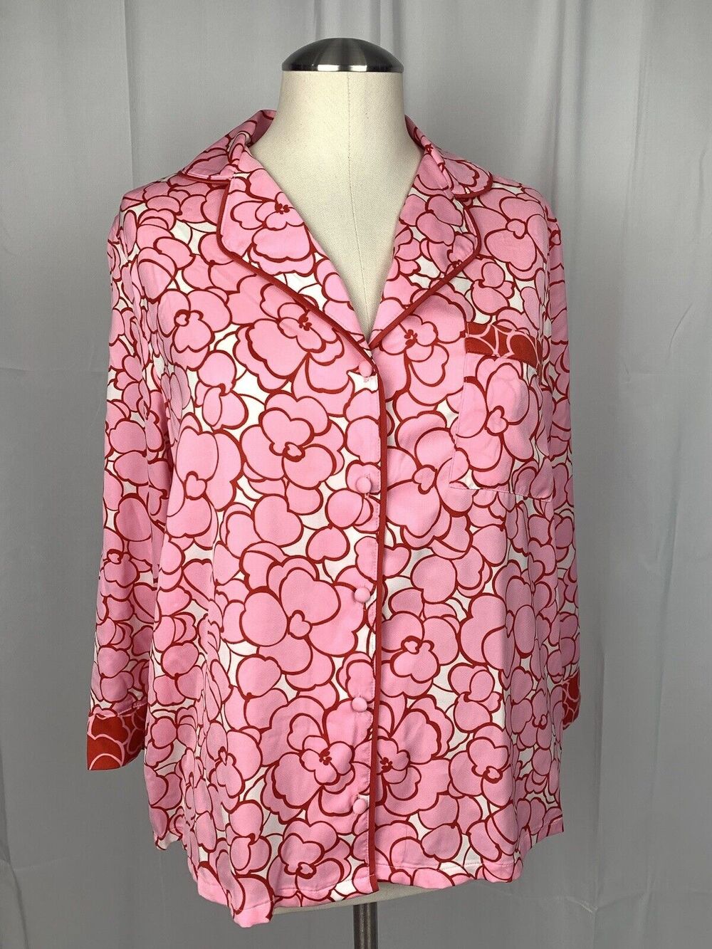 Kate Spade Pink And Red Floral Print Long Sleeve Button Up Pajama Top Size M